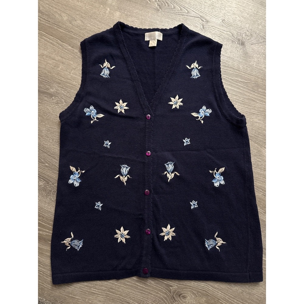Vintage Maggie Barnes Womens Embroidered Navy Sweater Vest Size 1X Wear 90s